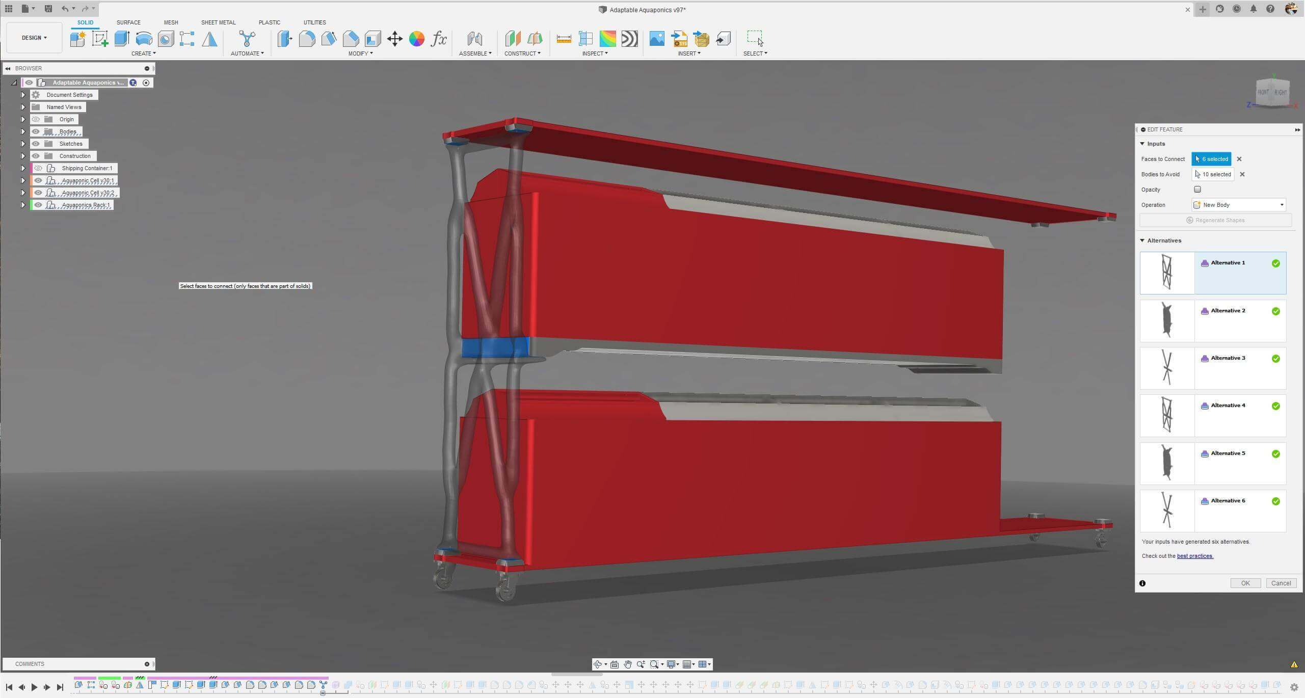 Automated design workspace — bodies to avoid in red, faces to connect in blue