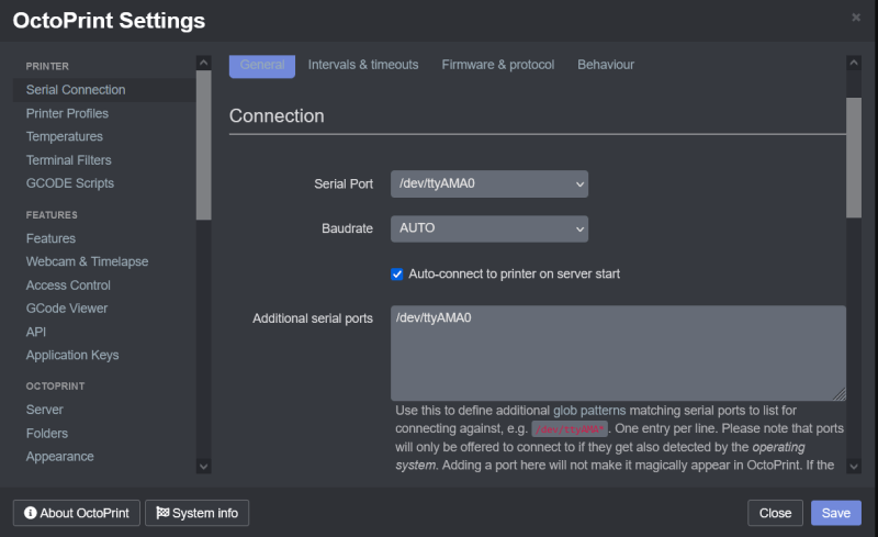 Serial connection settings for printer configuration