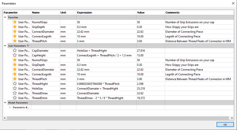 Fusion 360 parameters spreadsheet for cap generation